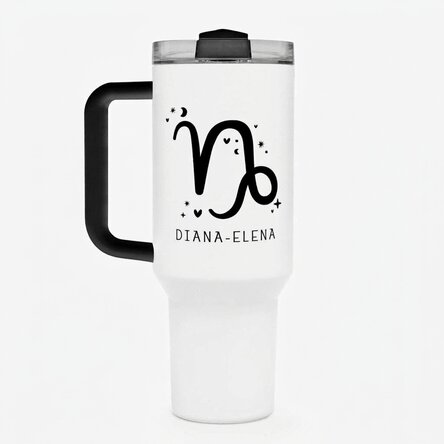 Thermos mug with handle and straw, personalised with text - Capricorn zodiac sign