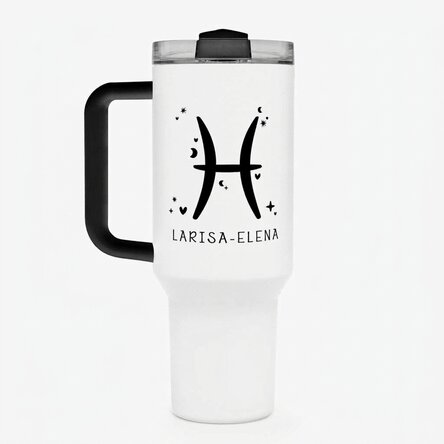 Thermos mug with handle and straw, personalised with text - Pisces