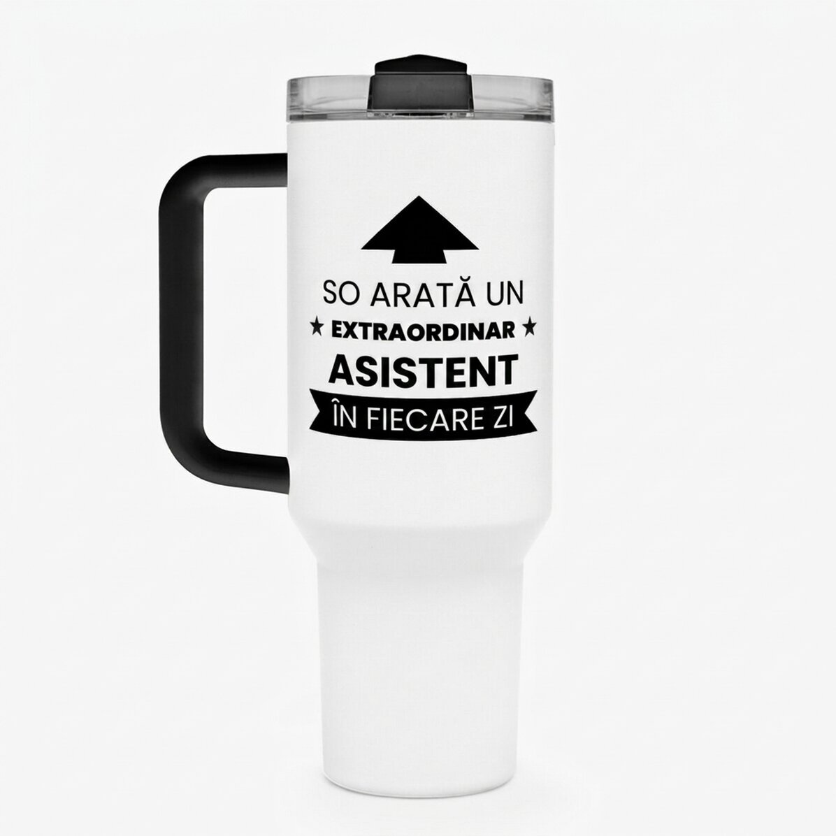 Thermosbecher mit Griff und Strohhalm, individuell mit Text bedruckt – So sieht er aus
