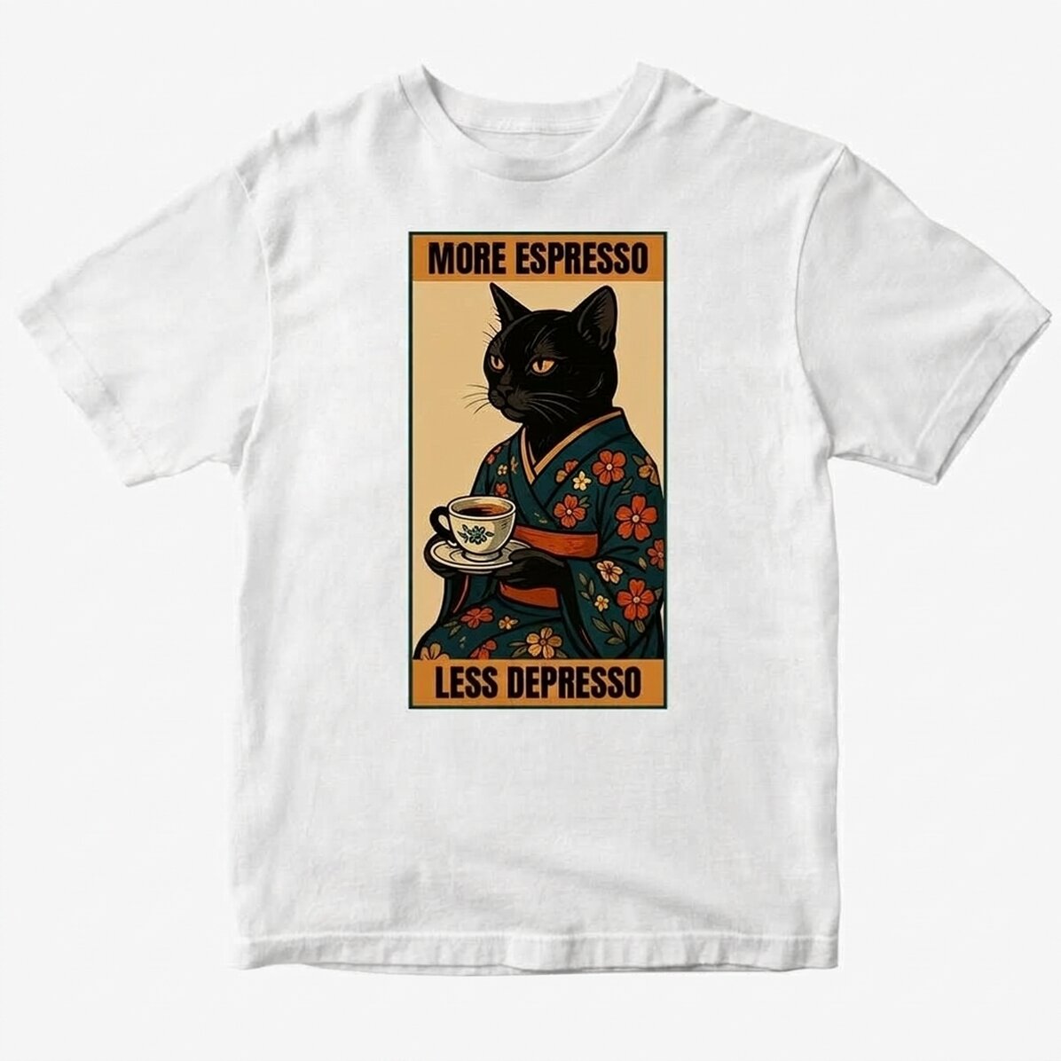 Personalisiertes Baumwoll-T-Shirt mit Aufdruck – „More espresso, less depresso“
