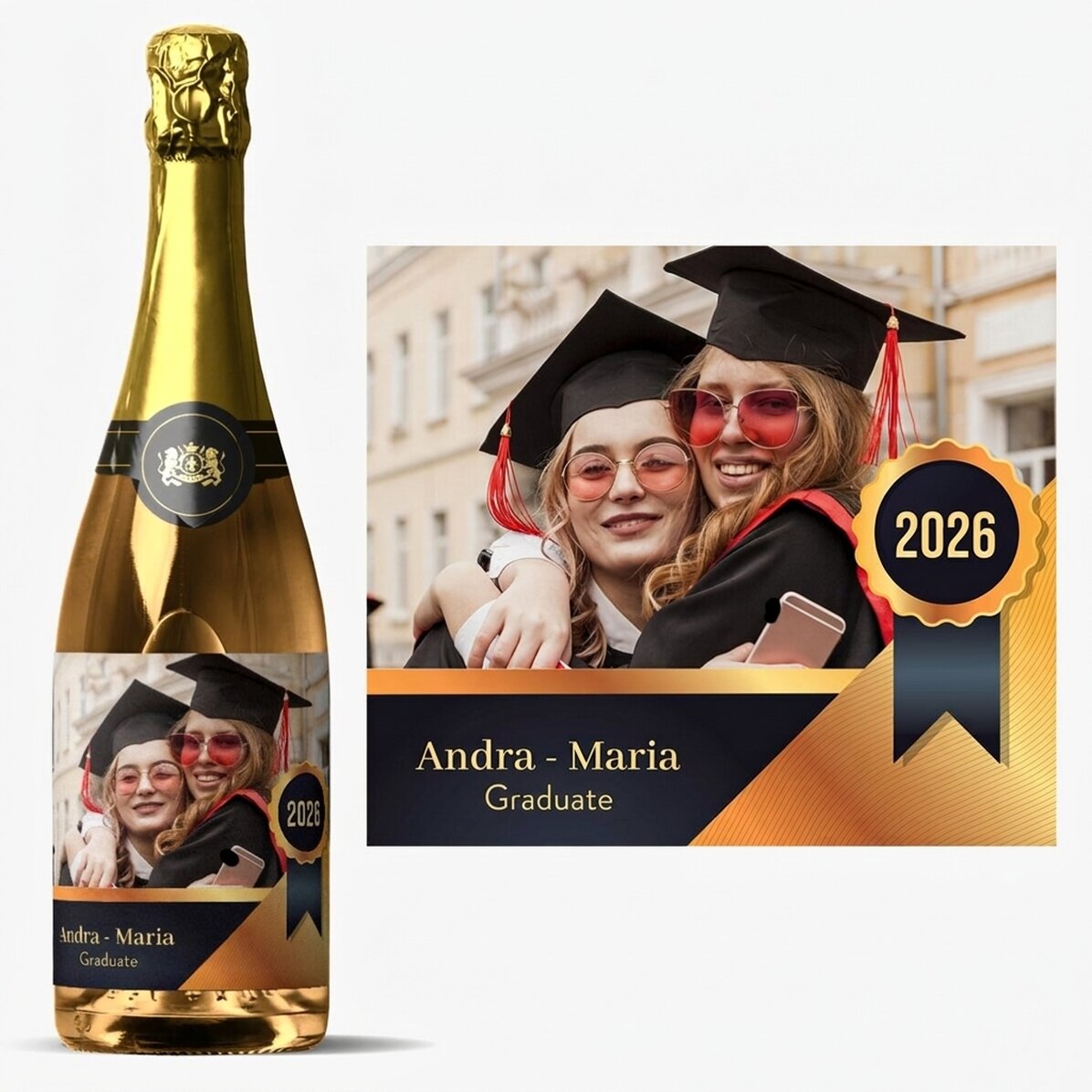 Personalisierter Sekt mit einer Botschaft und einem Foto – Schulabschluss