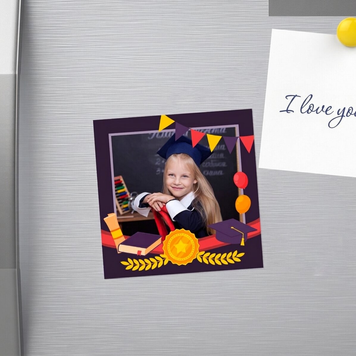 Individuell gestalteter 10x10-Magnet mit Foto – Abschlussfeier
