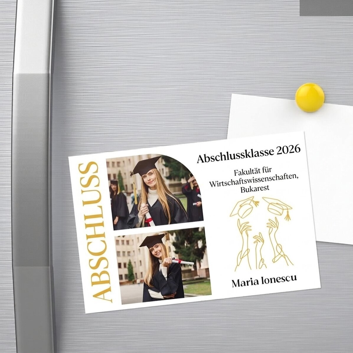 Individuell gestalteter Magnet (15 x 10 cm) mit 2 Fotos und Text – Abschlussfeier