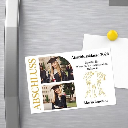 Individuell gestalteter Magnet (15 x 10 cm) mit 2 Fotos und Text – Abschlussfeier