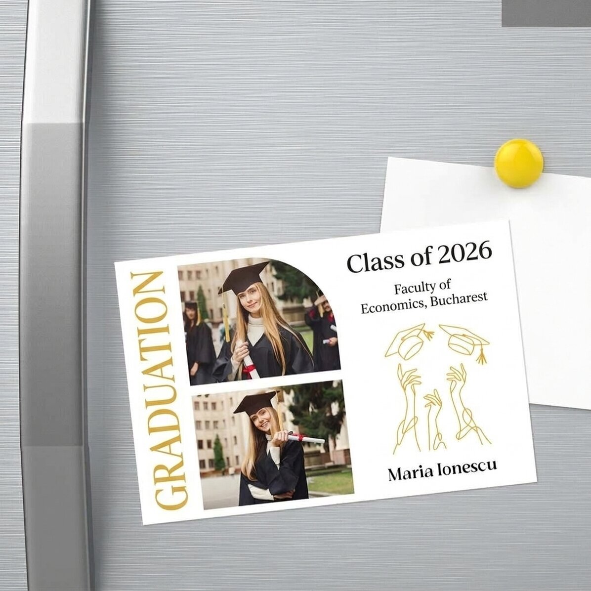 Individuell gestalteter Magnet (15 x 10 cm) mit 2 Fotos und Text – Abschlussfeier
