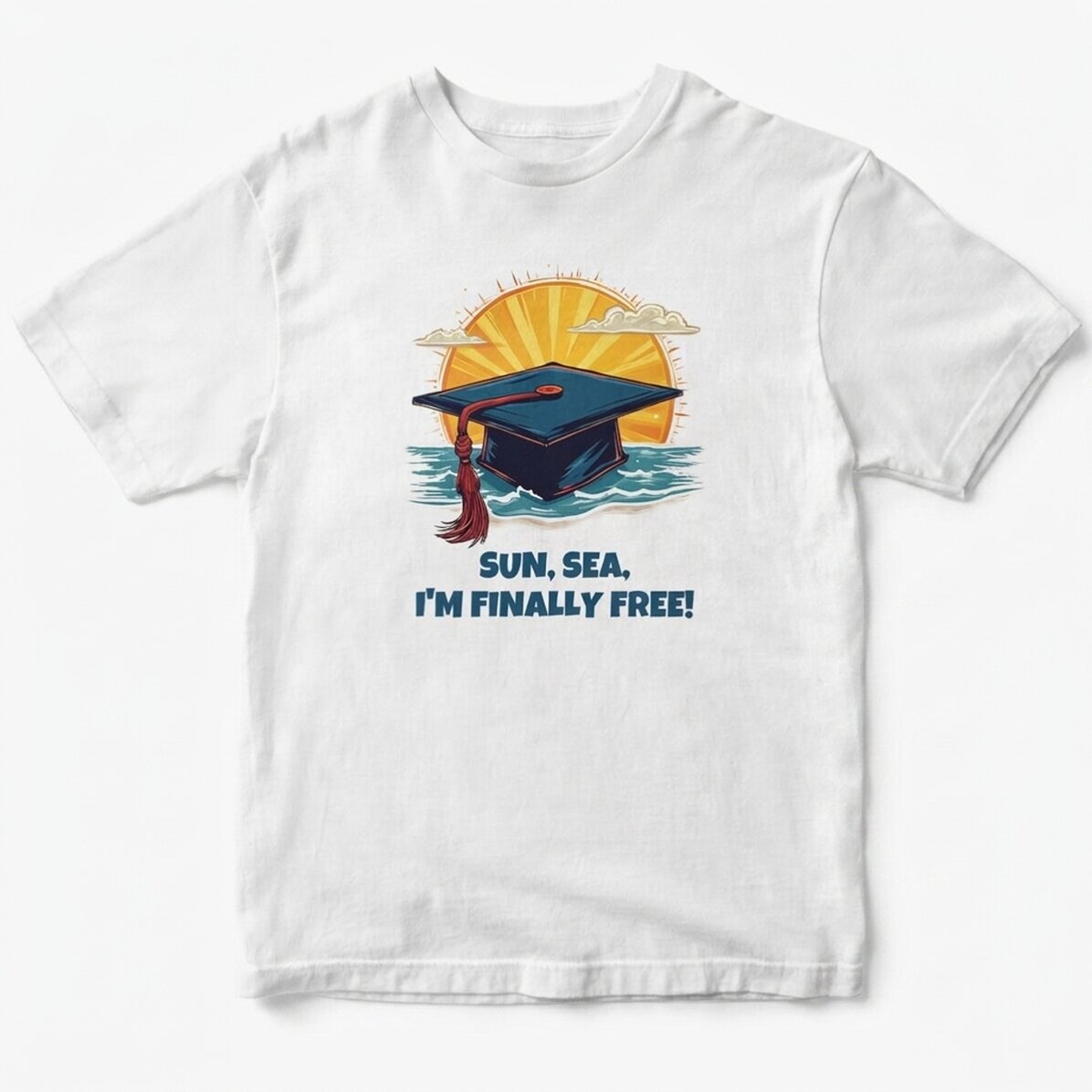 Personalisiertes Baumwoll-T-Shirt mit Aufdruck – Sun, sea, finally free