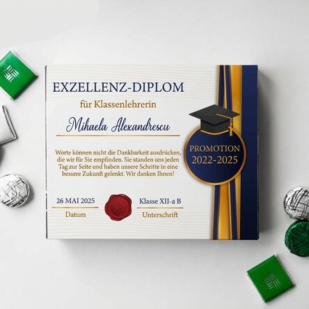 Personalisierte Pralinenschachtel mit Dankesbotschaft für die Klassenlehrerin