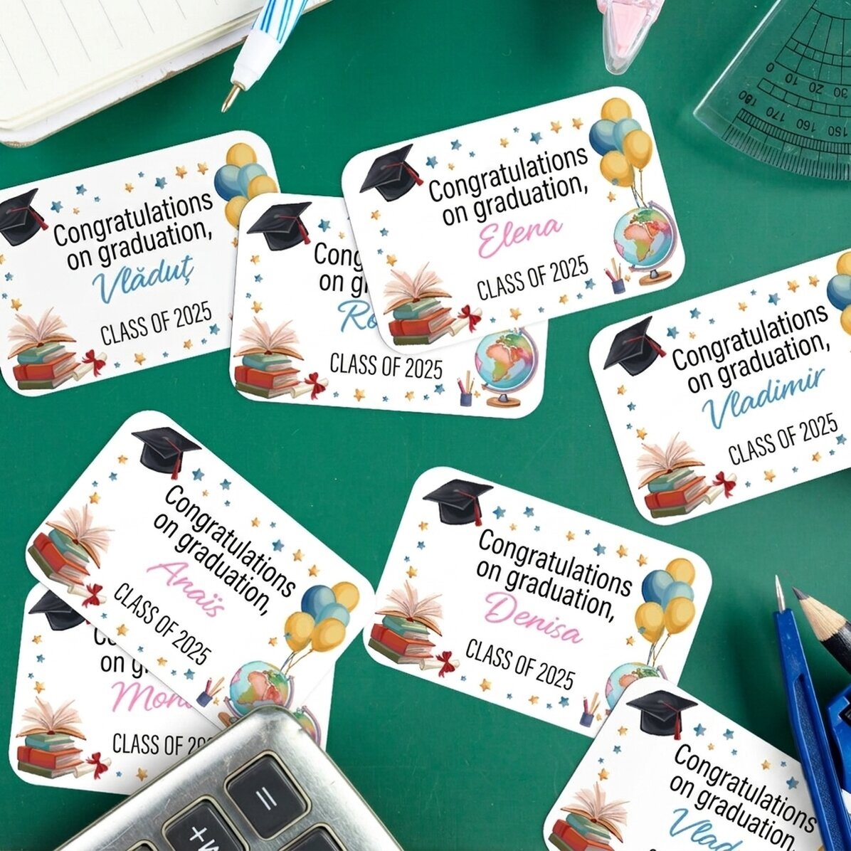 Set mit 8 individuell gestalteten Aufklebern (selbstklebende Etiketten) mit Botschaft – Schulabschlu