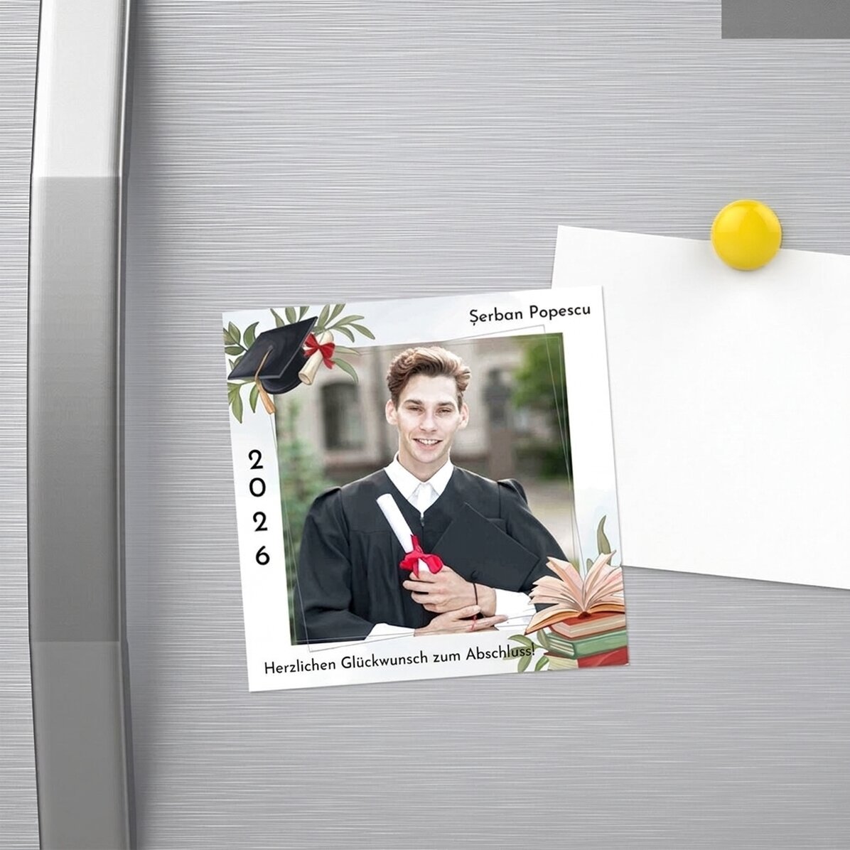 Individuell gestalteter Magnet (10 x 10) mit Foto und Text – Grußkarte zum Schulabschluss