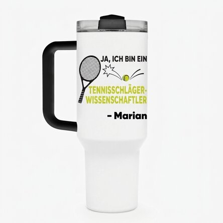 Thermosbecher mit Griff und Strohhalm, individuell mit Text bedruckt – Racket Scientist