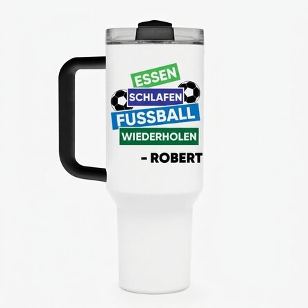 Thermosbecher mit Griff und Strohhalm, individuell mit Namen bedruckt – Fußball
