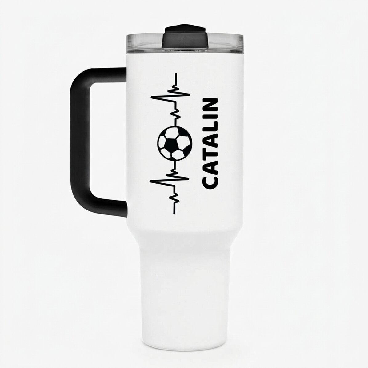 Thermosbecher mit Griff und Strohhalm, individuell mit Namen bedruckt – Fußballfan