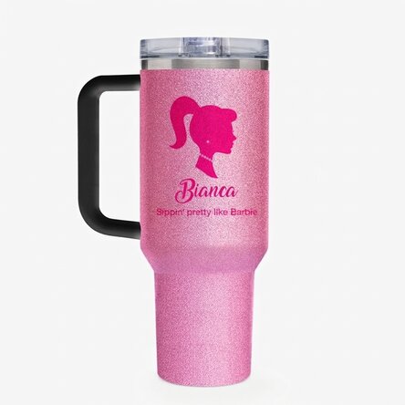 Thermosbecher mit Henkel und Strohhalm, individuell mit Text bedruckt – Barbie