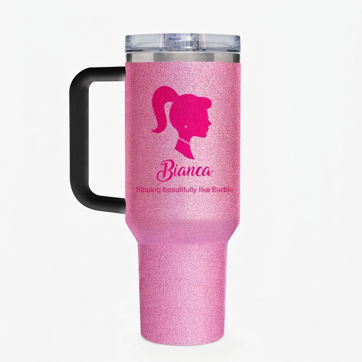 Thermosbecher mit Henkel und Strohhalm, individuell mit Text bedruckt – Barbie