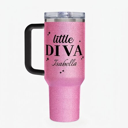 Thermos mug with handle and straw, personalised with message - little diva