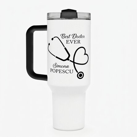 Thermosbecher mit Griff und Strohhalm, individuell mit einer Botschaft bedruckt – Best Doctor