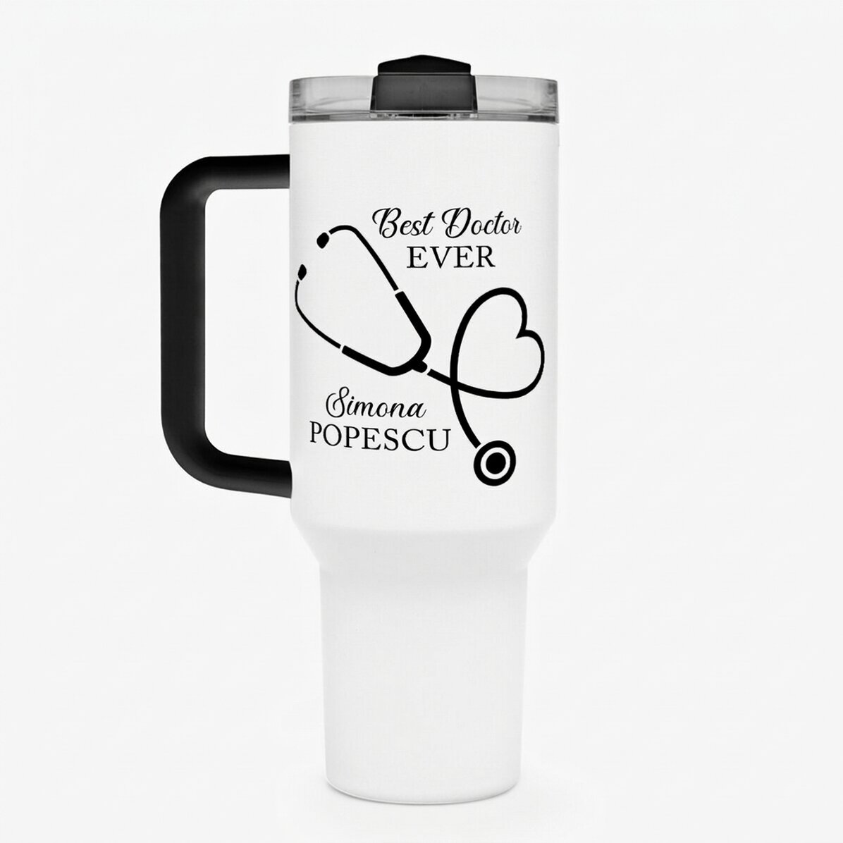 Thermosbecher mit Griff und Strohhalm, individuell mit einer Botschaft bedruckt – Best Doctor
