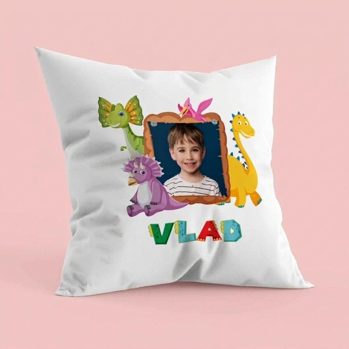 Personalisiertes Kissen mit Foto und Namen – Dino
