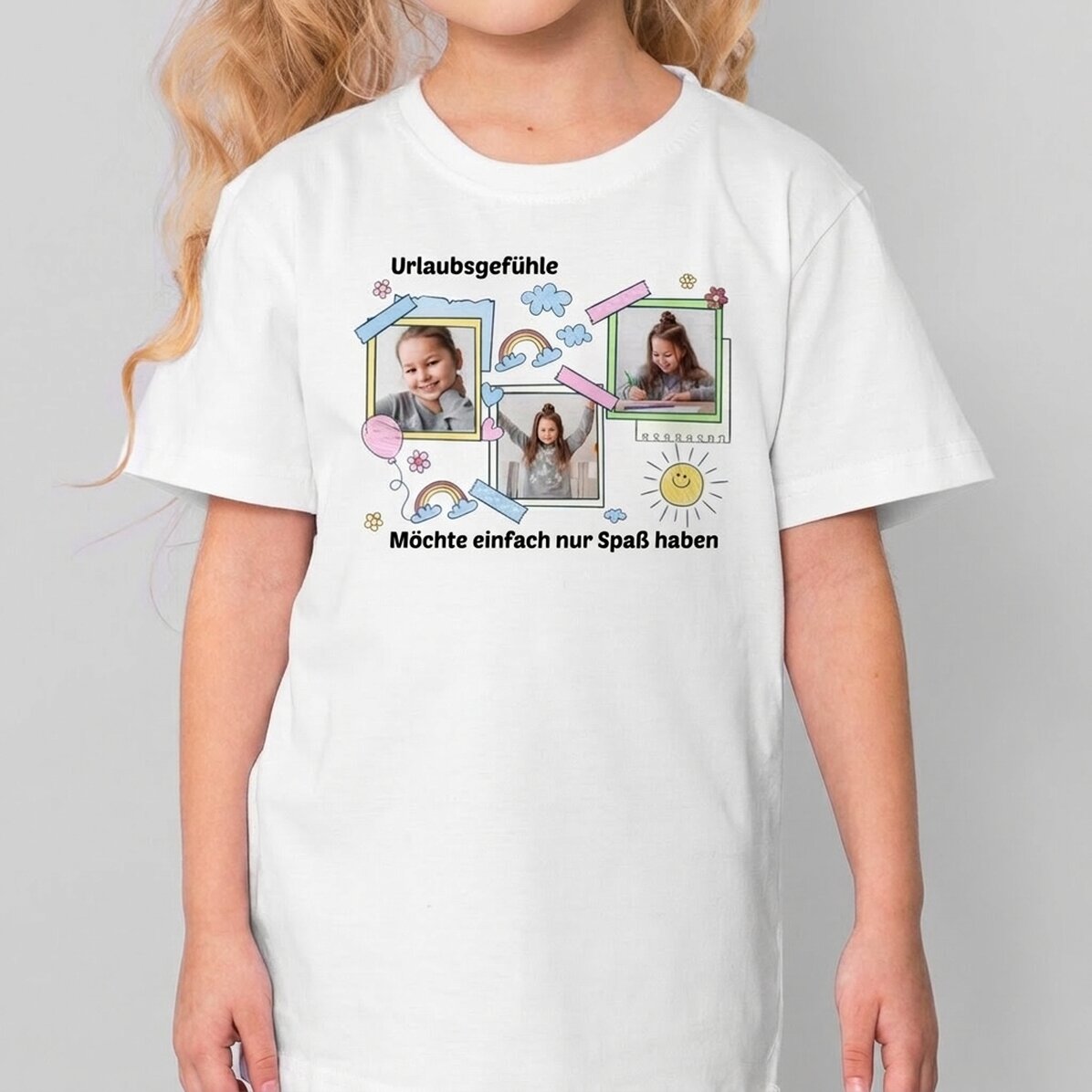 Personalisiertes Baumwoll-T-Shirt für Kinder mit Spruch und 3 Fotos – Cute