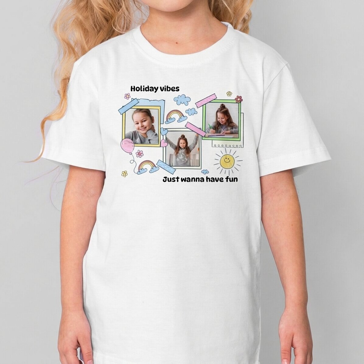 Personalisiertes Baumwoll-T-Shirt für Kinder mit Spruch und 3 Fotos – Cute