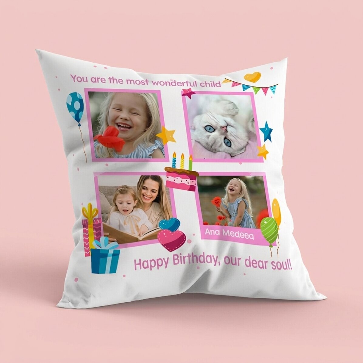 Personalisiertes Kissen mit 4 Fotos und einer Botschaft – Alles Gute zum Geburtstag, Kinder