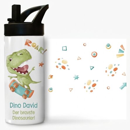 Thermoskanne mit Griff und personalisiertem Strohhalm mit Botschaft für Kinder – Dino