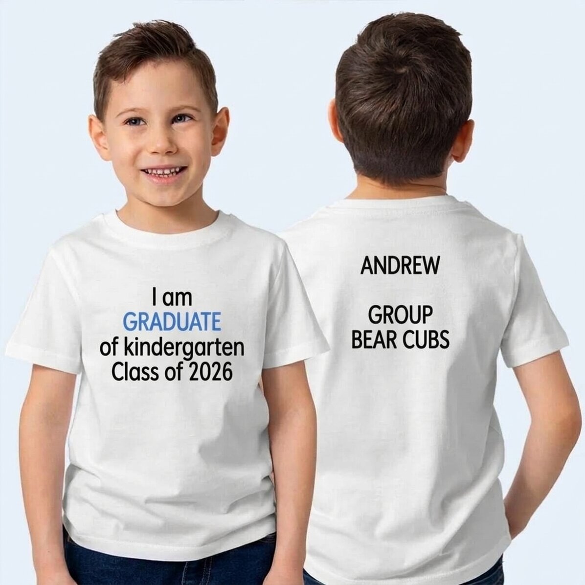 Personalisiertes Baumwoll-T-Shirt für Kinder mit Aufdruck auf Vorder- und Rückseite
