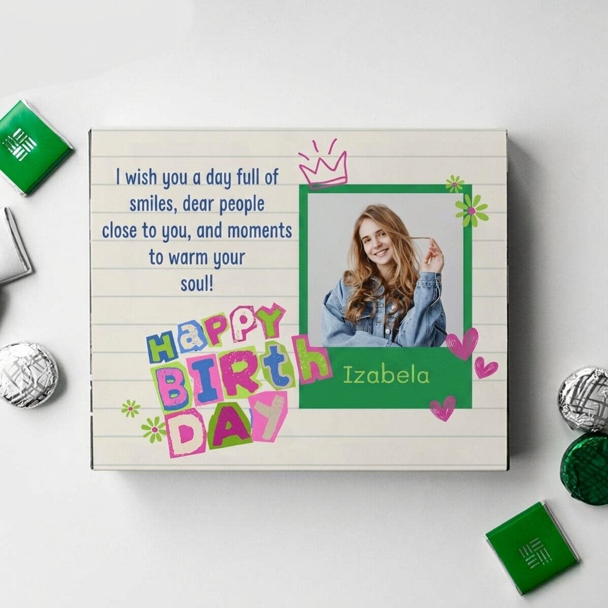 Personalisierte Pralinenschachtel mit Foto und Grußtext – Happy Birthday!