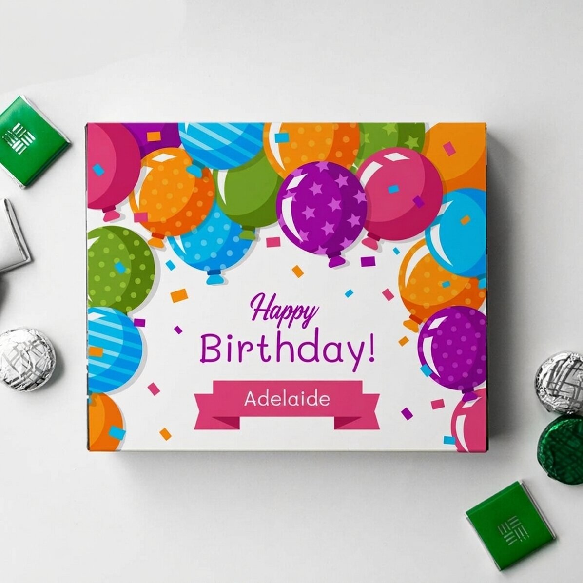 Personalisierte Pralinenschachtel mit Text – Luftballons