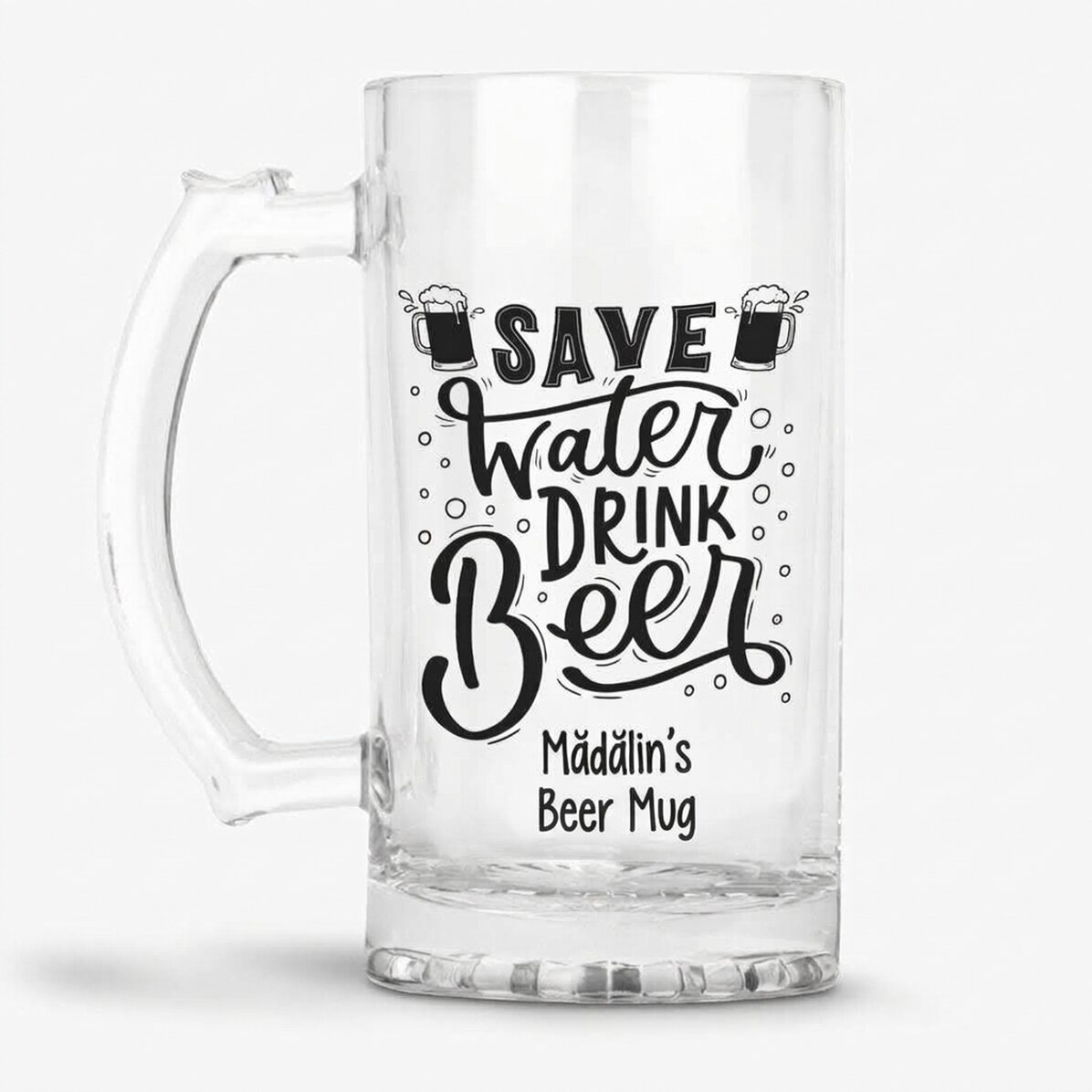 Personalisierter Bierkrug mit der Aufschrift „Save Water, Drink Beer“