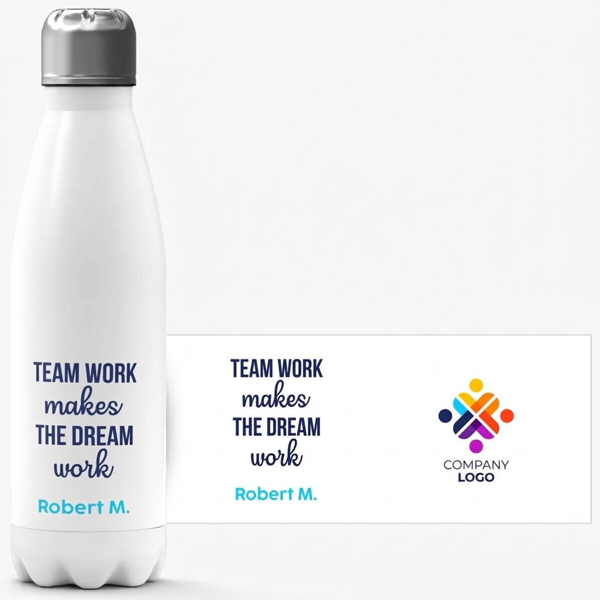 Thermoskanne mit weißem Boden, individuell gestaltet mit Logo und Schriftzug – Teamwork