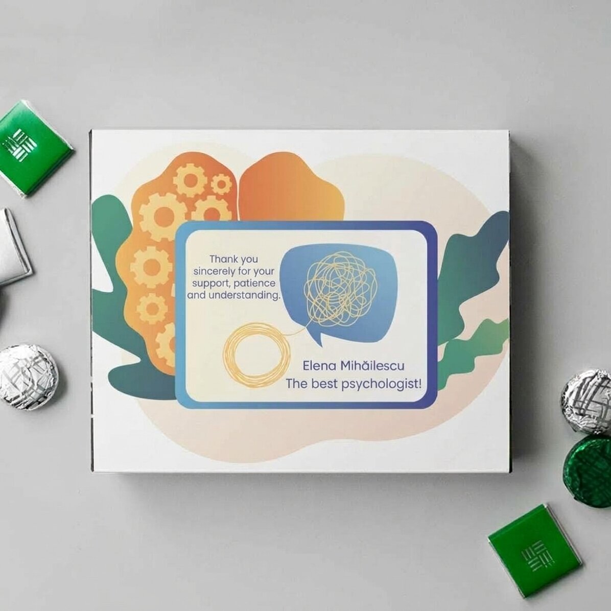 Personalisierte Pralinenschachtel mit Dankesbotschaft für Psychologen
