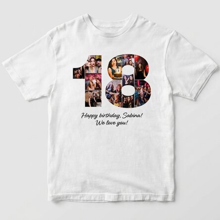 Personalisiertes Baumwoll-T-Shirt mit 11 Fotos und Text zur Volljährigkeit – 18 Jahre