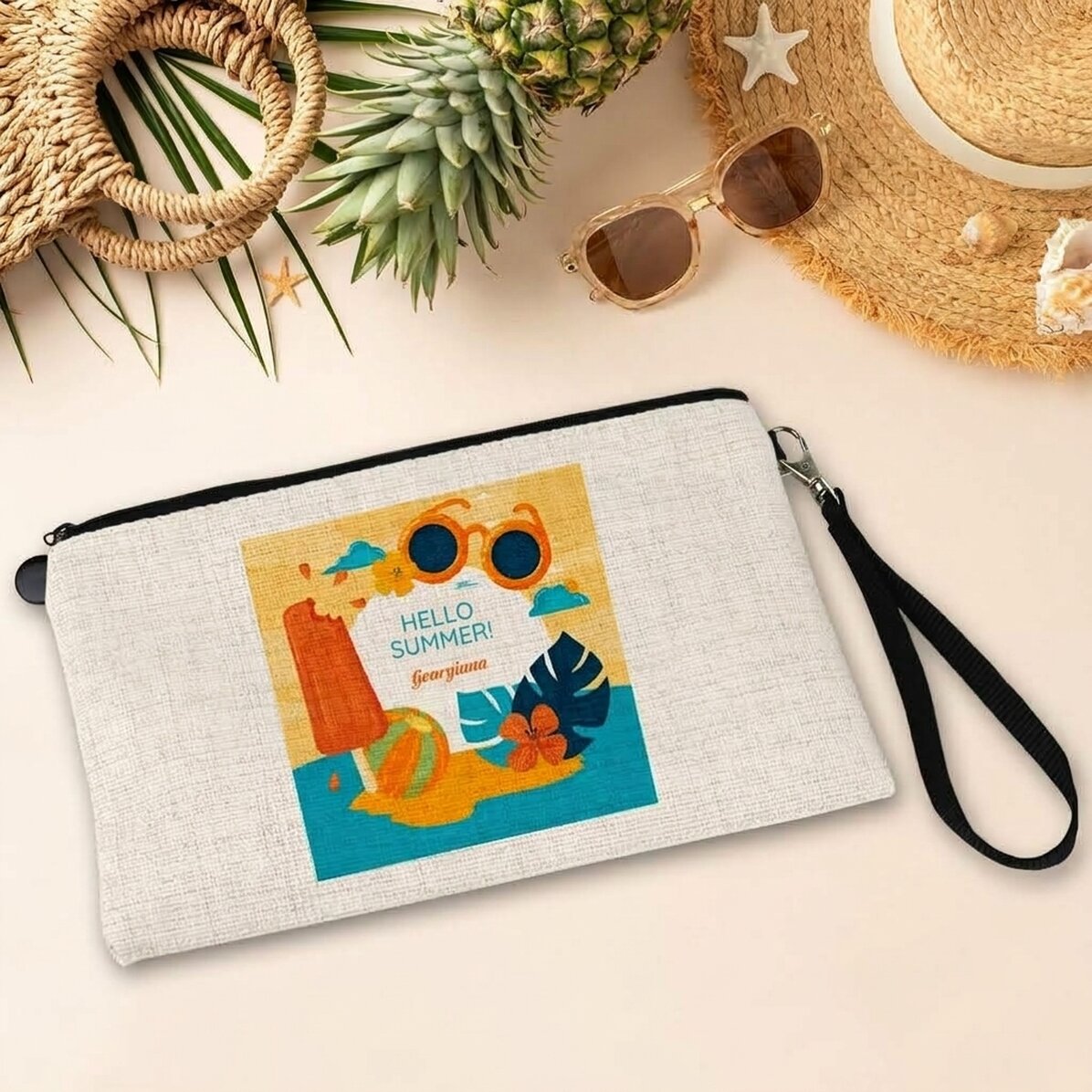Personalisierte Accessoire-Tasche mit Schriftzug – Hello Summer!