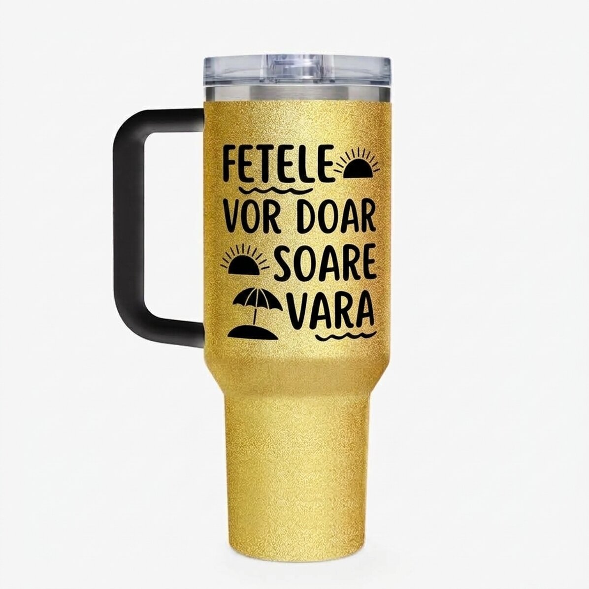 Thermosbecher mit Griff und Strohhalm, individuell mit einer Botschaft bedruckt – Summer Vibe