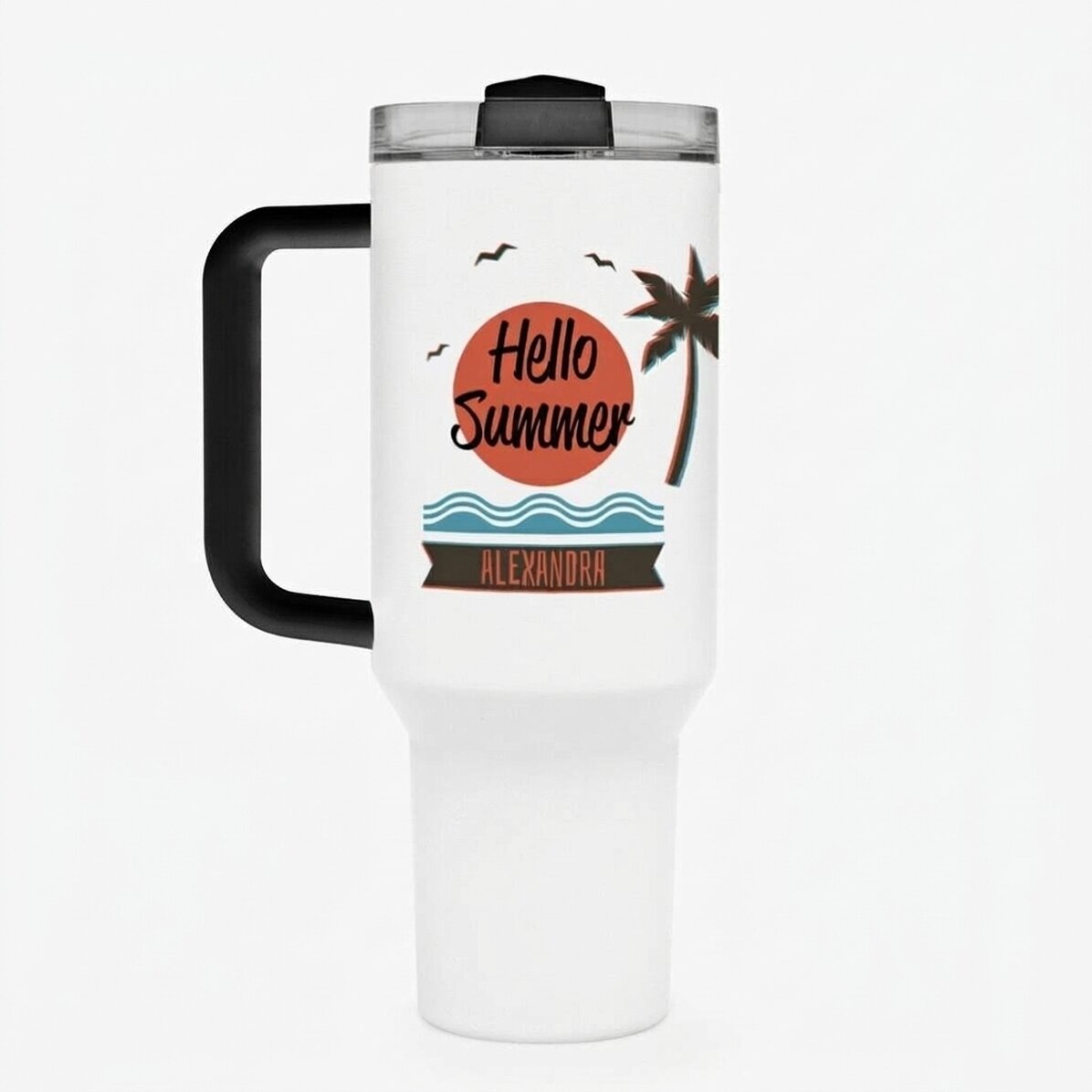 Thermosbecher mit Griff und Strohhalm, individuell mit Text bedruckt – Summer Vibes