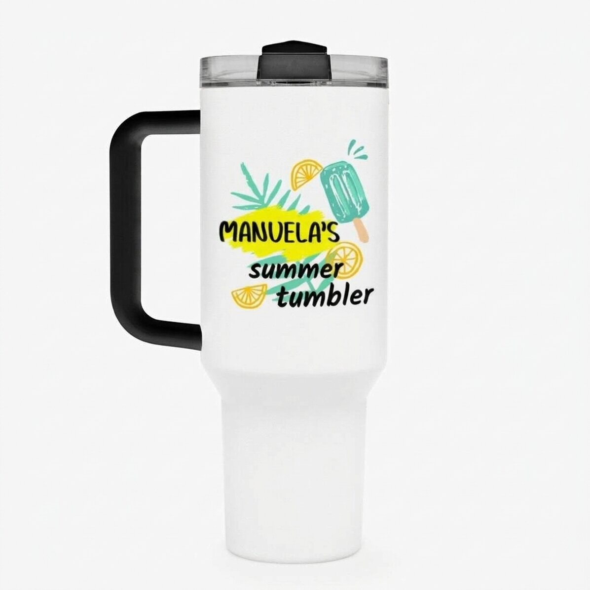 Thermosbecher mit Henkel und Strohhalm, individuell mit Text bedruckt – Ice cream