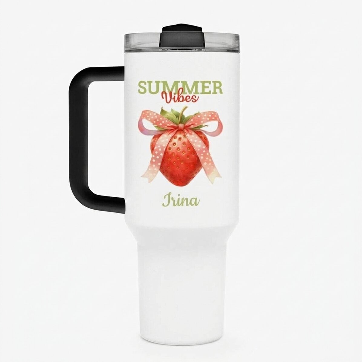 Thermosbecher mit Griff und Strohhalm, individuell mit einer Botschaft bedruckt – Summer Vibes