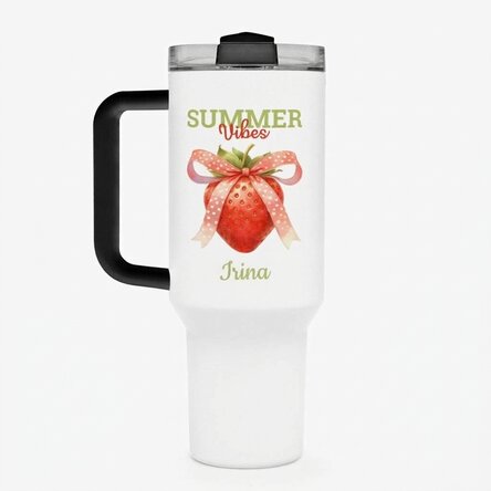 Thermosbecher mit Griff und Strohhalm, individuell mit einer Botschaft bedruckt – Summer Vibes