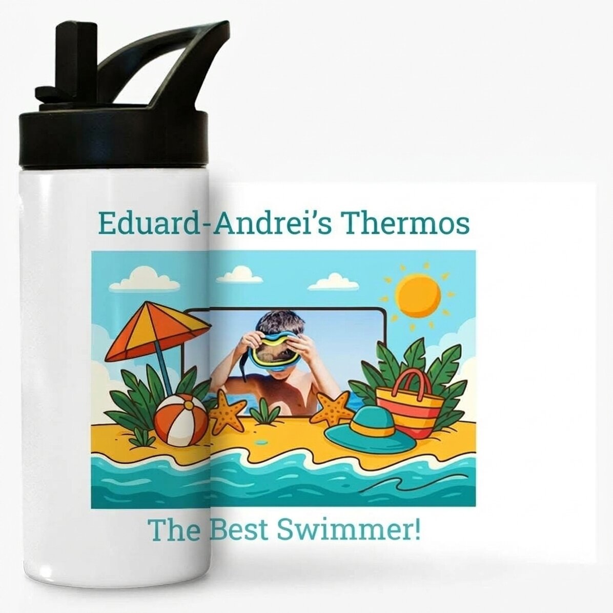 Thermosflasche mit Griff und personalisiertem Strohhalm mit Foto und Botschaft für Kinder – Sommerfe