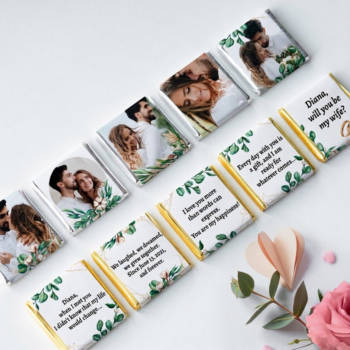Set mit 10 personalisierten Mini-Pralinen mit Fotos und Text – Besonderer Heiratsantrag