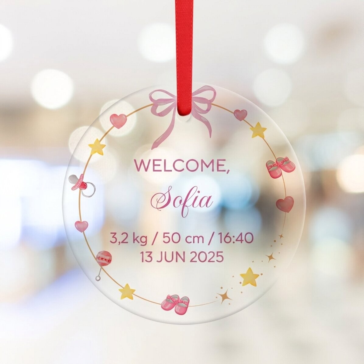 Individuell gestaltete runde Dekoration mit Schriftzug – „Welcome, Baby“