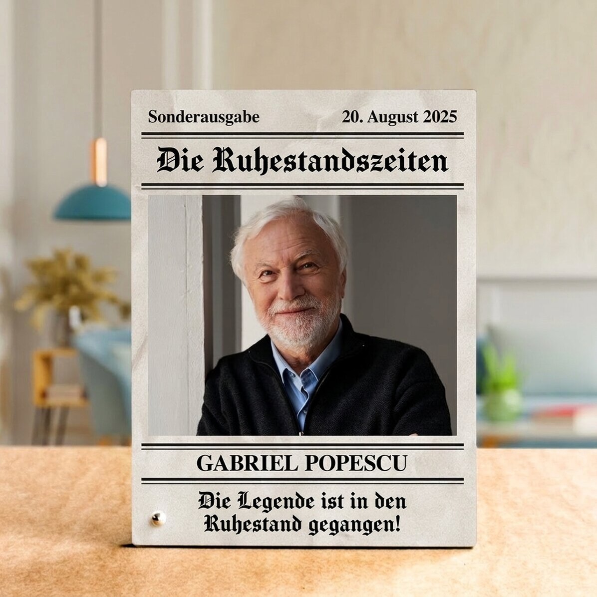 Personalisierter Fotorahmen für den Schreibtisch mit einem Foto und einem Text zum Ruhestand