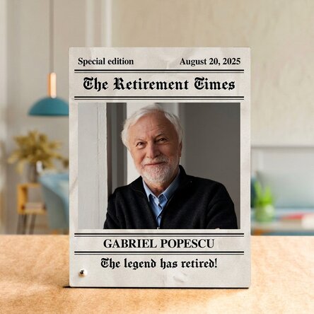 Personalisierter Fotorahmen für den Schreibtisch mit einem Foto und einem Text zum Ruhestand