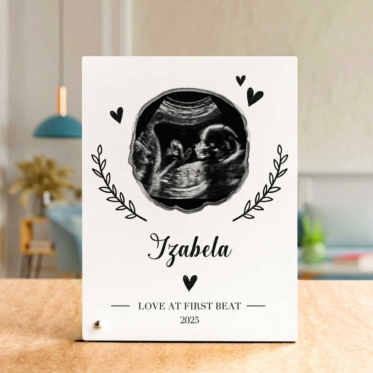Personalisierter Fotorahmen für den Schreibtisch mit Text und einem Foto – Baby