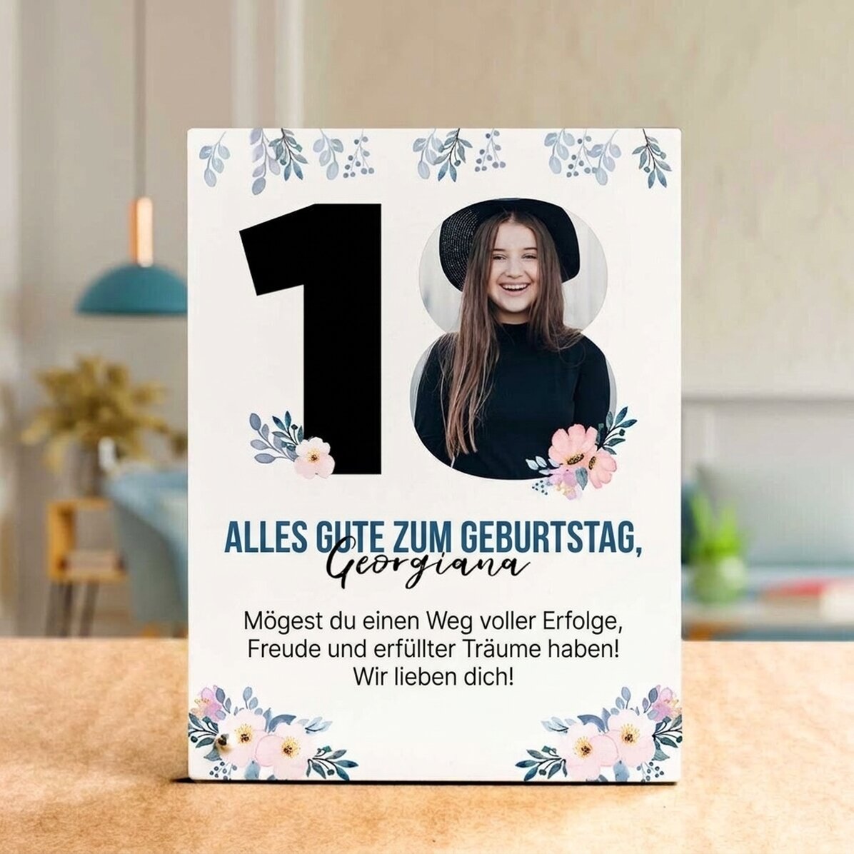 Personalisierter Fotorahmen für den Schreibtisch mit Text und einem Foto – Erhöht