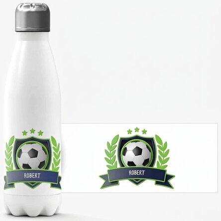 Thermoskanne mit weißem Boden, individuell mit Text bedruckt – Fußball