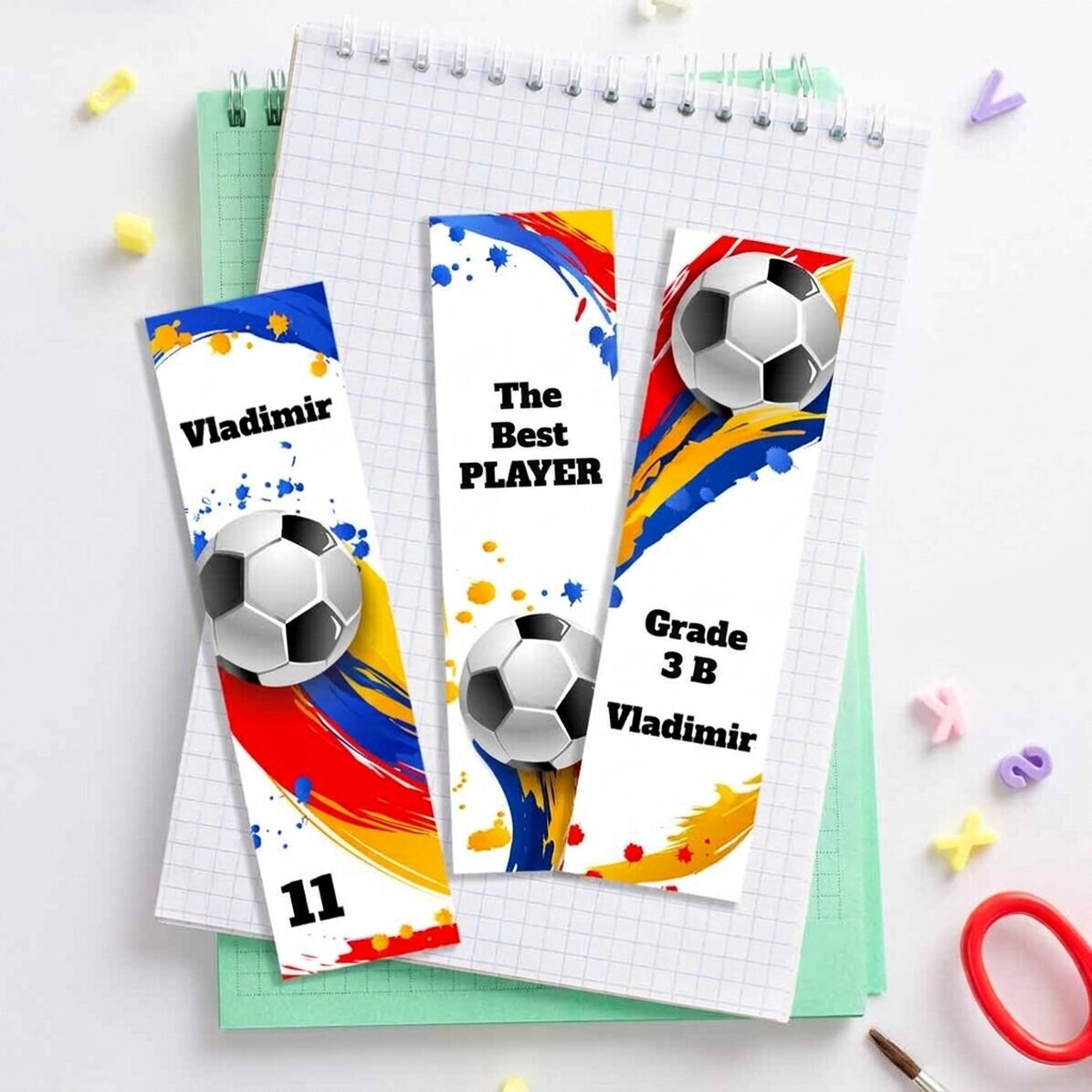 Set mit 3 personalisierten Lesezeichen mit Text – Fußball