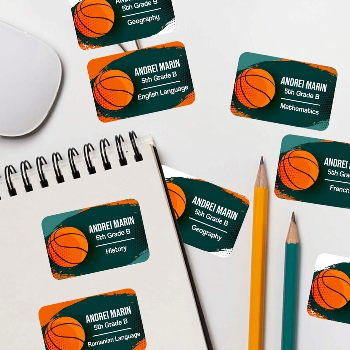 Set mit 8 personalisierten Aufklebern (selbstklebende Etiketten) für die Schule – Basketball