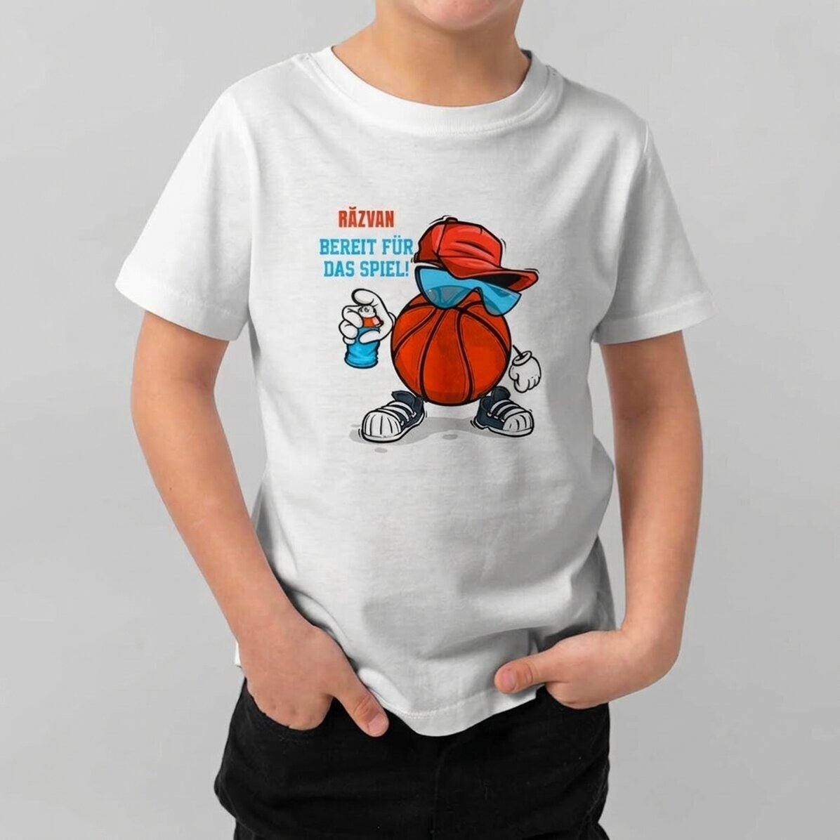 Personalisiertes Baumwoll-T-Shirt für Kinder mit Aufdruck – Basketball